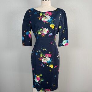 ERDEM Navy Dress with Colorful Floral Design elbow sleeve sheath fit size US 10